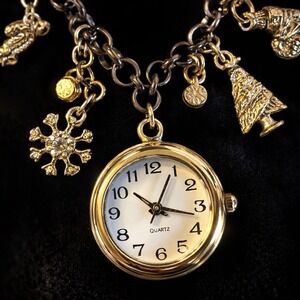 Vintage Charm Bracelet Watch Festive Christmas Gold Tone Charms Dangle Toggle